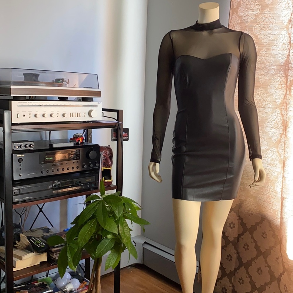 Combo sheer/leather mini dress - Picture 2 of 7